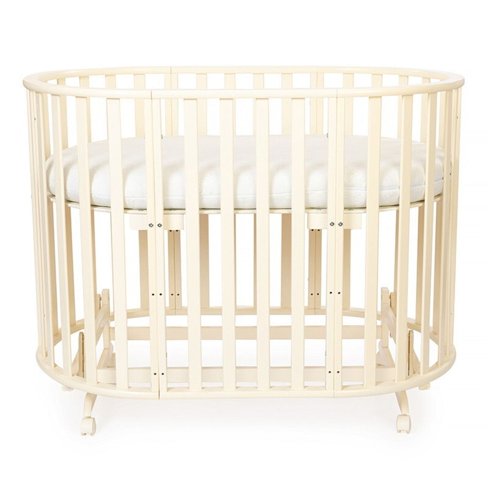 Кроватка-трансформер овальная Vikalex Лоди маятник на колёсах белый