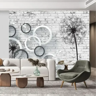 Фотообои на стену антивандальные 300х250см Одуванчики на кирпичной стене 3D винил на флизелине зеркальные