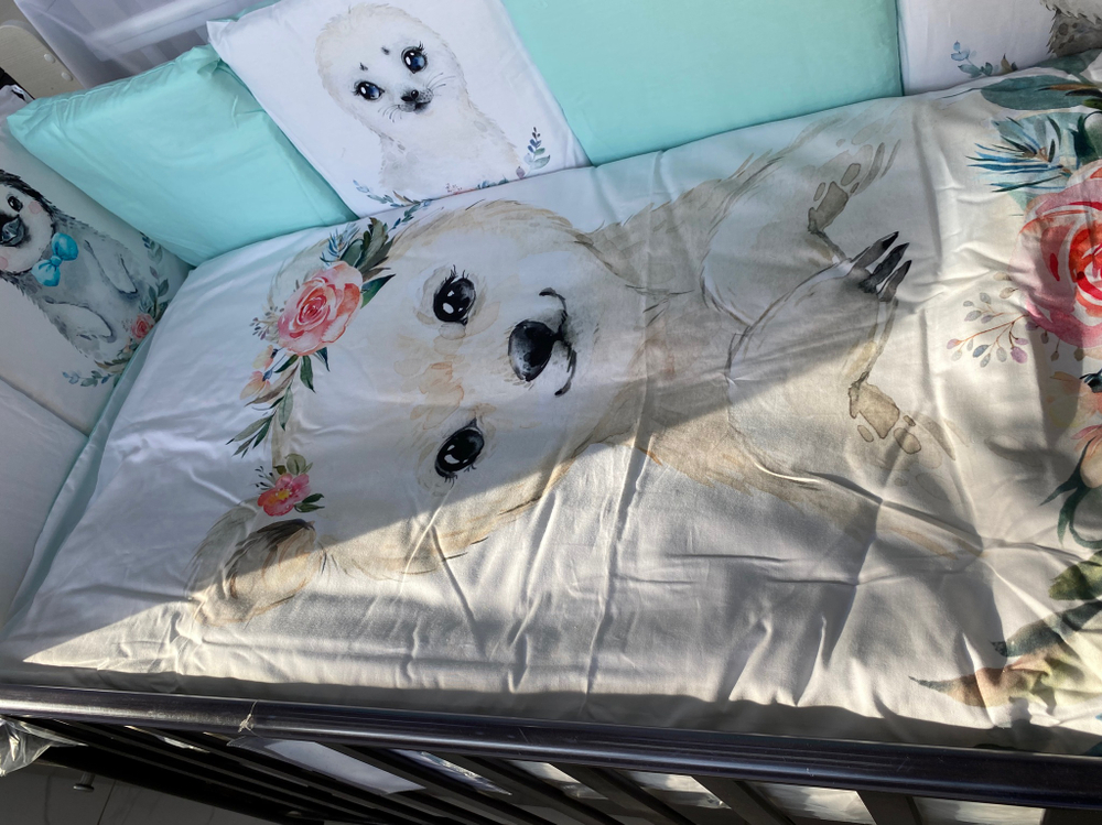 Комплект в кроватку 6-ти предметный (подушечки 17 предметов) "Детская история", МИЛЫЕ ЗВЕРЯТА, сатин