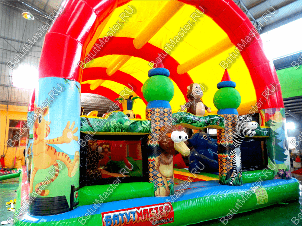 Надувной батут "Зверята с крышей 3" со скалодромом, 11*7*6 м