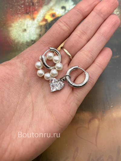 Серьги серебристые конго трансформеры с жемчугом и сердцем