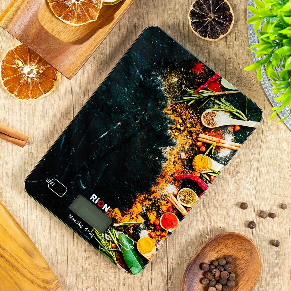 Весы кухонные электронные, стекло, Rion, Специи, точн 1 г, до 5 кг, LCD-дисп, PT-893