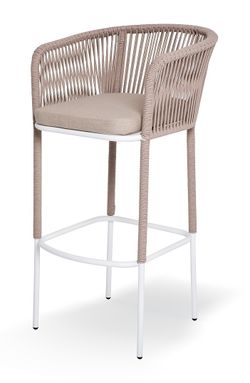 "Марсель" стул барный плетеный из роупа, каркас из стали светло-серый (RAL7035) муар, роуп бежевый круглый, ткань Mossle бежевая, пос.H65