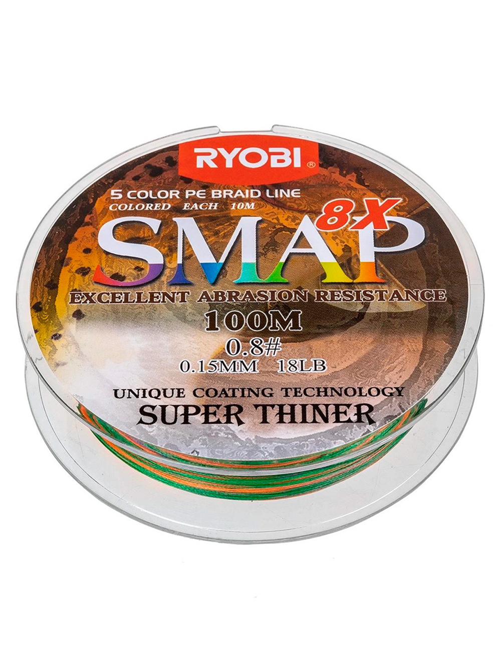 Шнур плетеный для рыбалки Ryobi SMAP PE8X-100M Multi Colour 6.0# 0,405мм