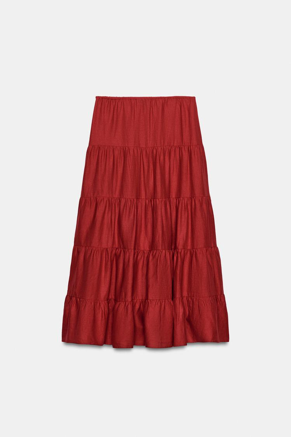 ZARA ЮБКА МИДИ ИЗ ЛЬНА СО СБОРКАМИ, ГРАНАТОВЫЙ