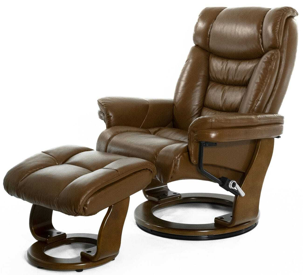 Кресло реклайнер с пуфом для ног Relax Zuel 7582W, натуральная кожа коричневая (034), основание дерево темный орех (029)