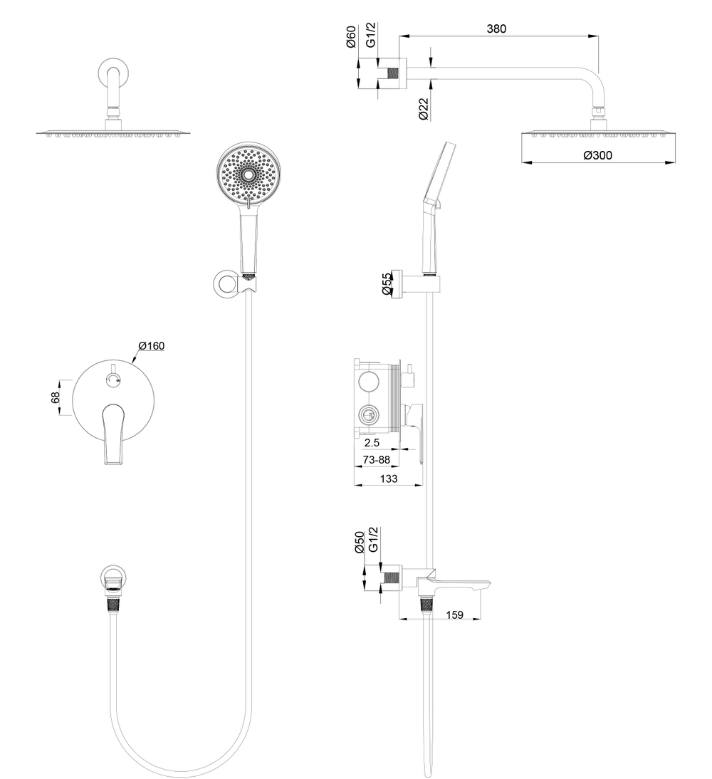 Душевая система встраиваемая WONZON & WOGHAND BRILLIANT, Темный графит (WW-88939079-BGM)