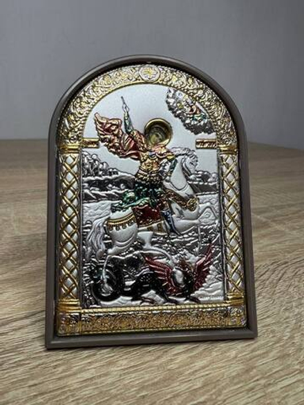 Георгий Победоносец, икона арочная, пластик коричневый, эмаль 62x88