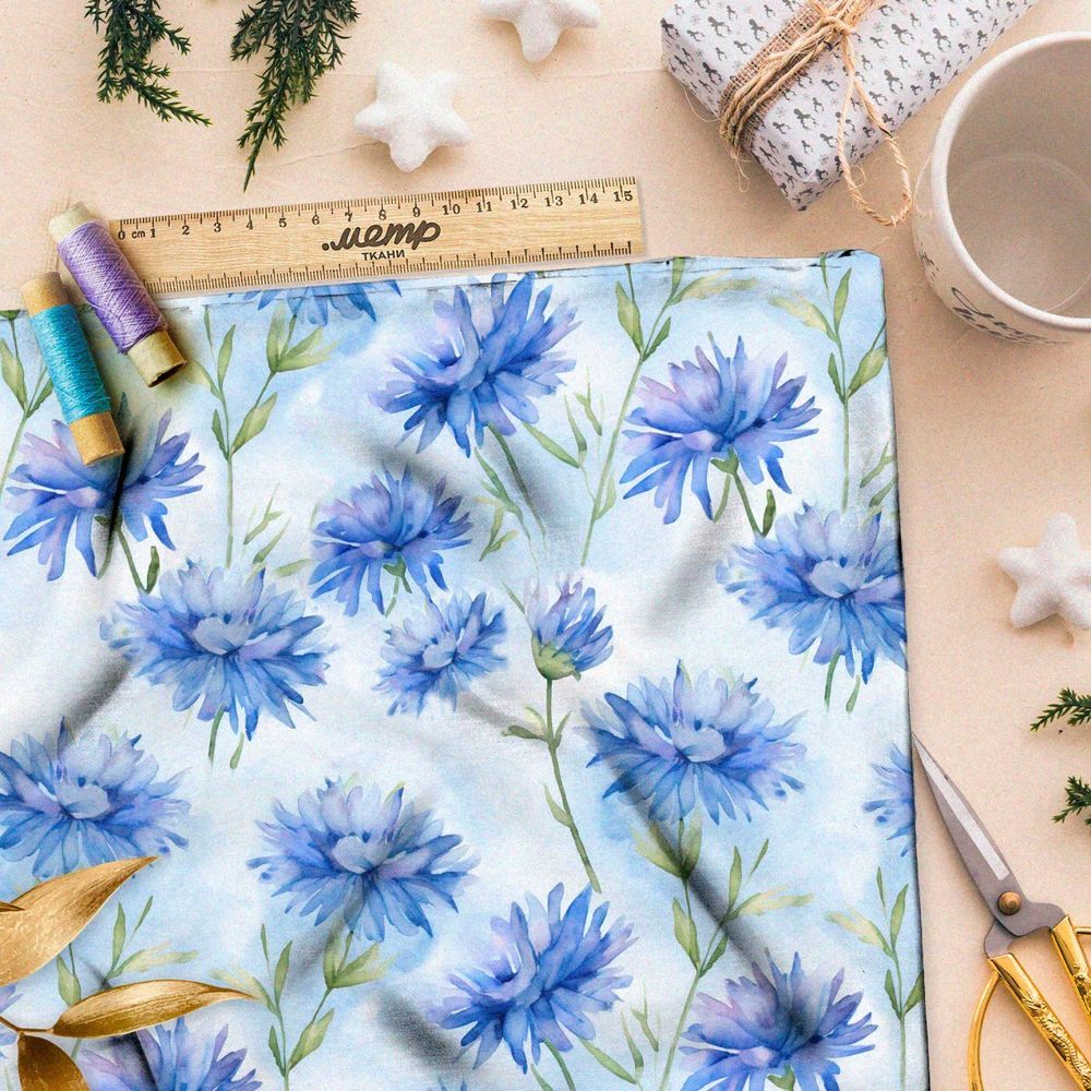 Ткань премиум таффета голубые акварельные цветы