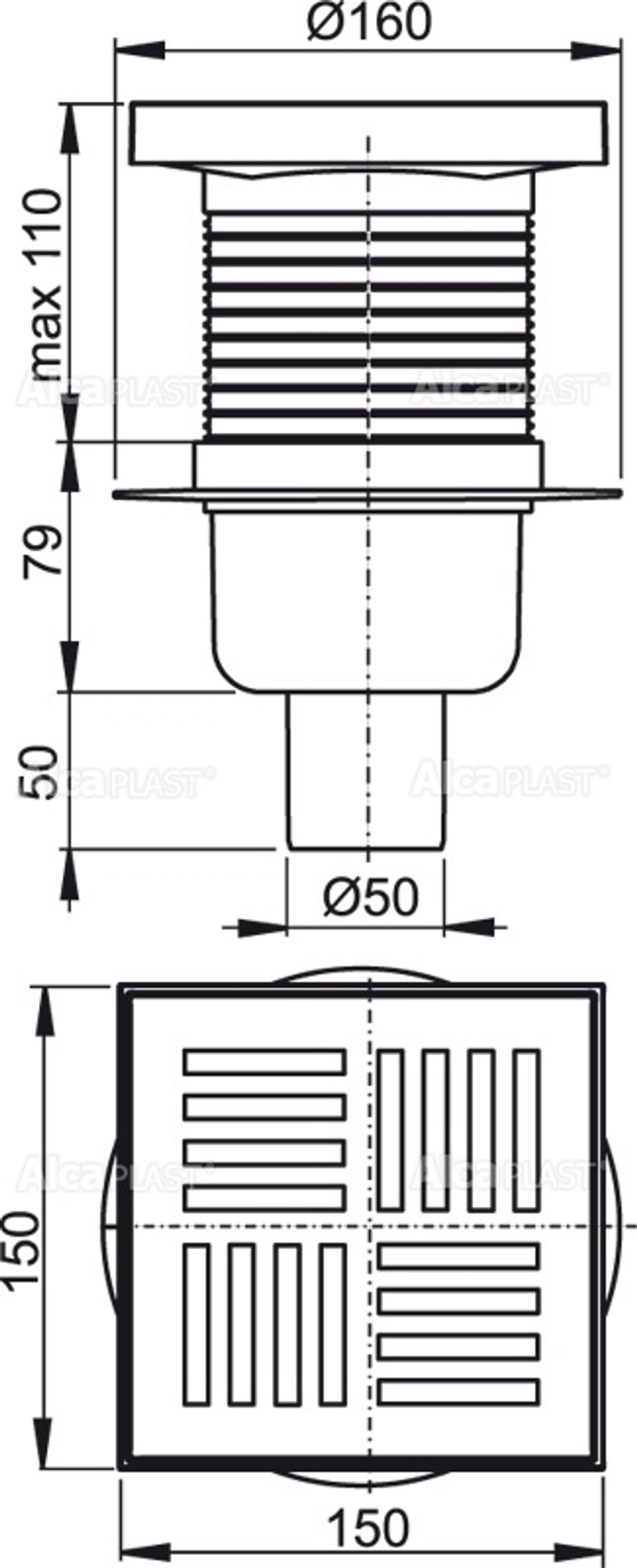 Сливной трап AlcaPlast APV6211 150 x 150/50