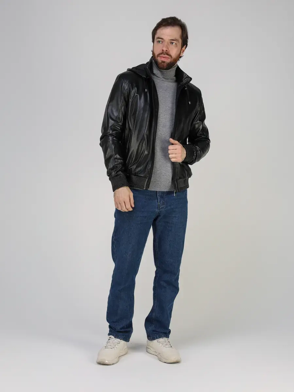 Куртка кожаная натуральная с капюшоном