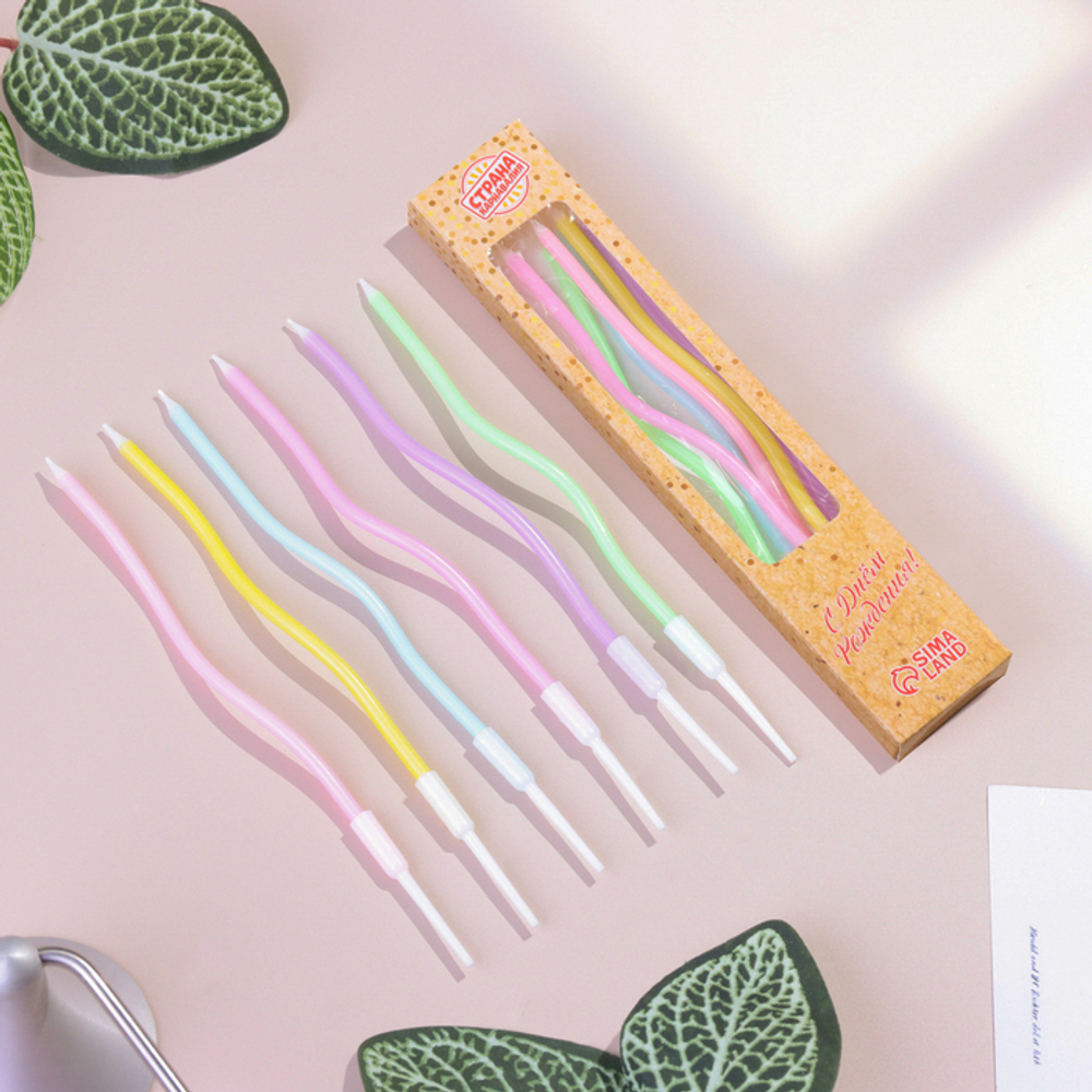 Свечи в торт коктейльные витые "С днем рождения", 6 шт, 16,5 см, разноцветные