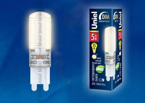 LED-JCD-5W/WW/G9/CL/DIM SIZ03TR Лампа светодиодная диммируемая с силиконовым покрытием. Цвет свечения теплый белый. Упаковка картон. ТМ Uniel