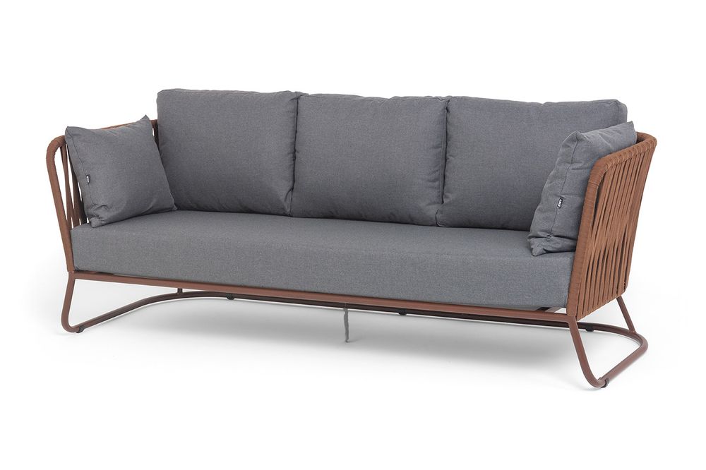 "Багамы" диван 3-местный плетеный из роупа, каркас алюминий коричневый (RAL8016) муар, роуп BZ23-ED31, ткань темно-серая 027