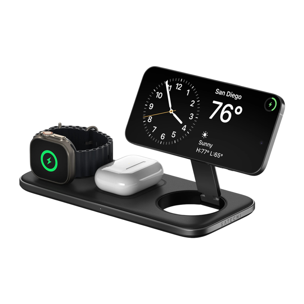 Зарядная станция MagSafe Satechi для iPhone, Apple Watch и AirPods (Qi2) (ST-QTPM-EA) Беспроводная зарядка: Qi 15 Вт, Qi 5 Вт, магнитное крепление для быстрой зарядки Apple Watch (Qi 5 Вт). Проводная зарядка: нет. Сертификации MFi и Qi2. Есть LED-индикаци