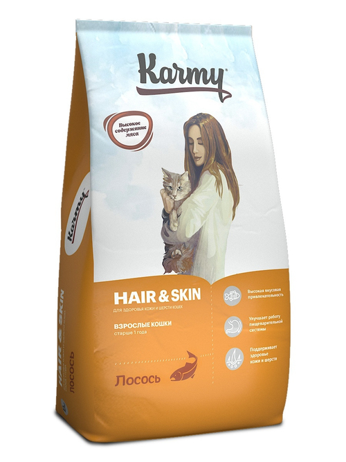 Сухой корм Karmy Hair&skin для здоровье кожи и шерсти кошек, лосось, 10 кг