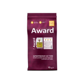 Сухой корм AWARD Hairball & Indoor для взрослых кошек для выведения шерсти с уткой и индейкой с добавлением зеленой чечевицы и Юкки Шидигера 10кг