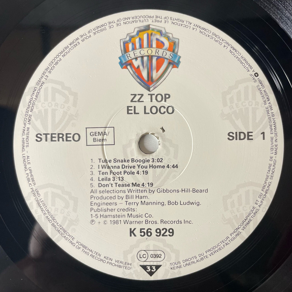 Винтажная виниловая пластинка LP ZZ Top El Loco (Германия 1981)