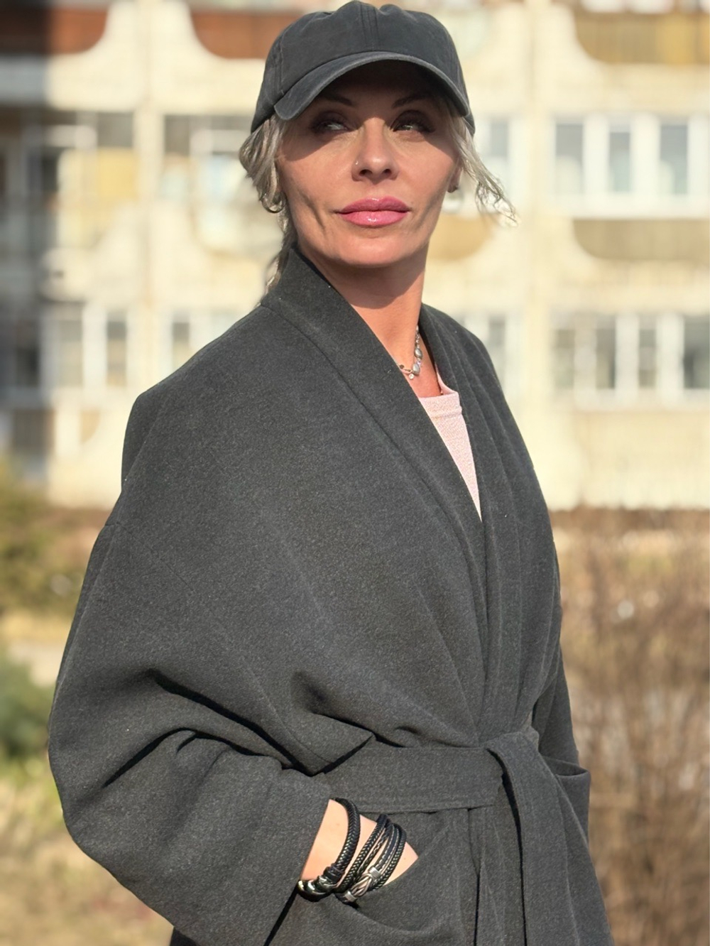 Кимоно - пальто на подкладке / серый