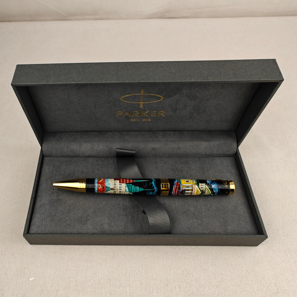 Коллекционная шариковая ручка Parker "Ingenuity Black GT" с поворотным механизмом "Москва" с ручной росписью в коробке
