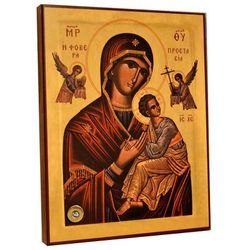 Страстная икона Божьей Матери на деревянной доске с мощевиком.