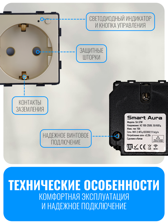 Умная Wi-Fi розетка с заземлением Smart Aura серия Classic без рамки