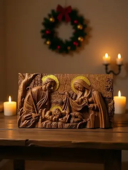 Освященная икона-панно "Рождество Христово" резная из дуба