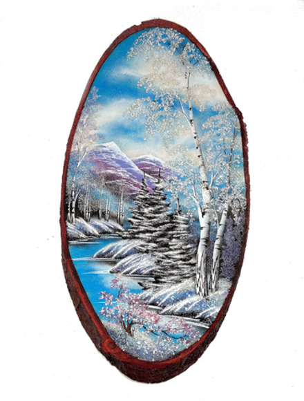 Картина на срезе дерева "Зимняя река" 50-55 см 1100гр