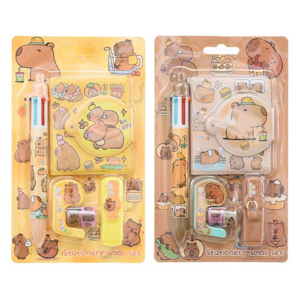 Канцелярский набор Basir с цветным текстовыделителем, 6-ти цветной ручкой, скотчем и блокнотом, серия "Капибара", ассорти, 19.5*11.5 см