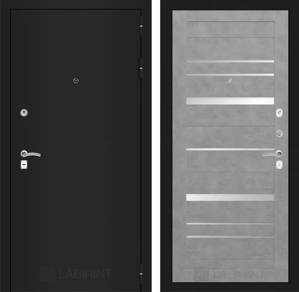 Входная дверь Лабиринт Classic (Классик) черная шагрень 20 Бетон светлый, зеркальные вставки