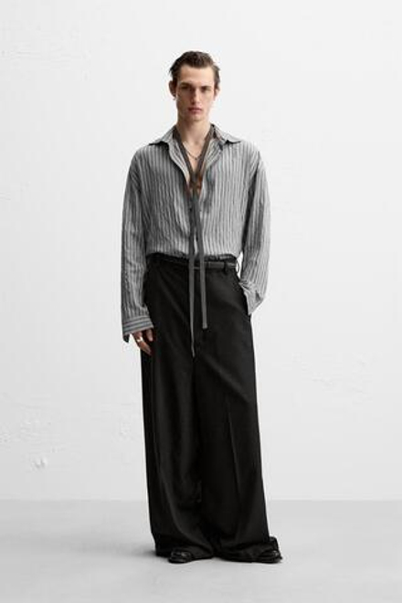 ZARA РУБАШКА ИЗ СМЕСОВОЙ ВИСКОЗЫ В ПОЛОСКУ, СЕРЫЙ