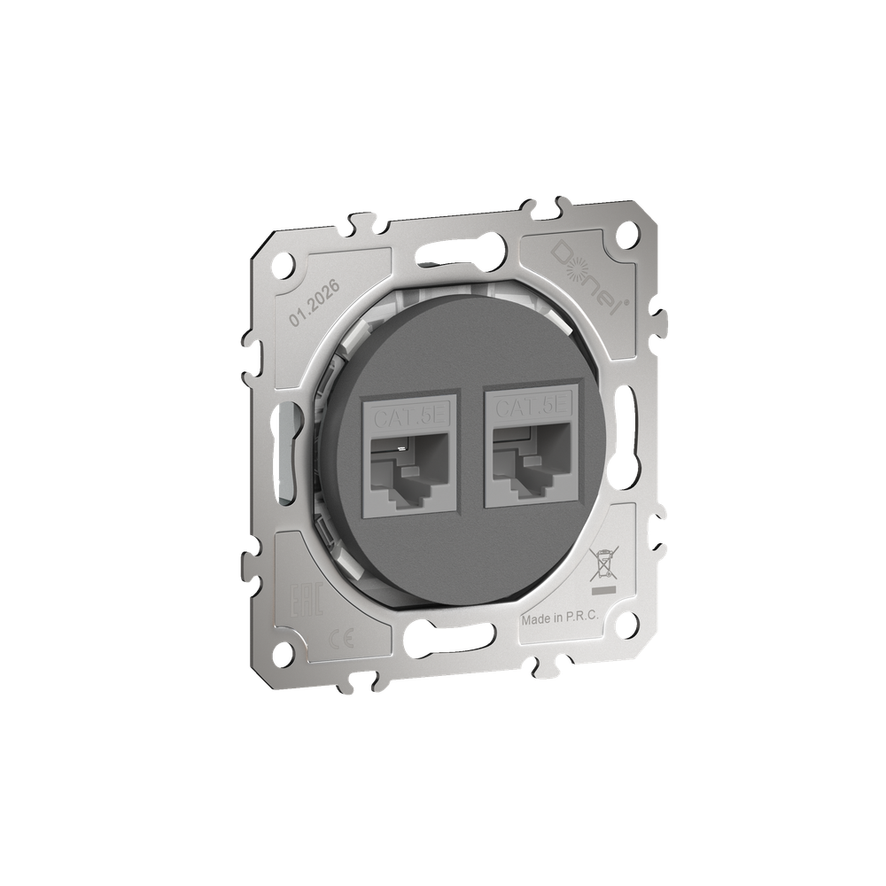 Розетка компьютерная RJ45 cat.5e на 2 порта,  цвет матовый шоколад,  серия D16,  Donel