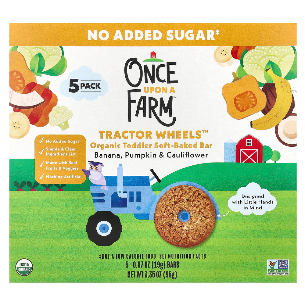 Once Upon A Farm, Tractor Wheels ™, органический батончик мягкой выпечки для малышей, банан, тыква и цветная капуста, 5 пакетиков по 19 г (0,67 унции)