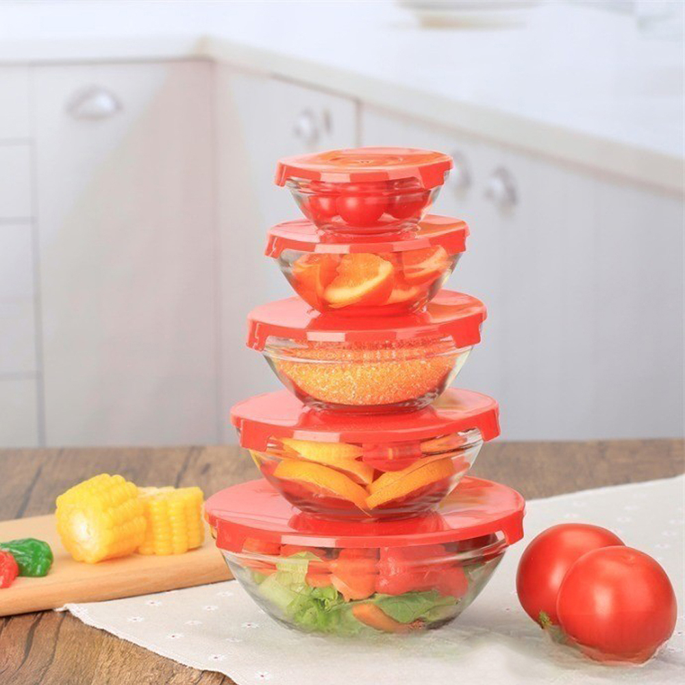 Набор стеклянных салатников 5 предметов с пластиковыми крышками, красный