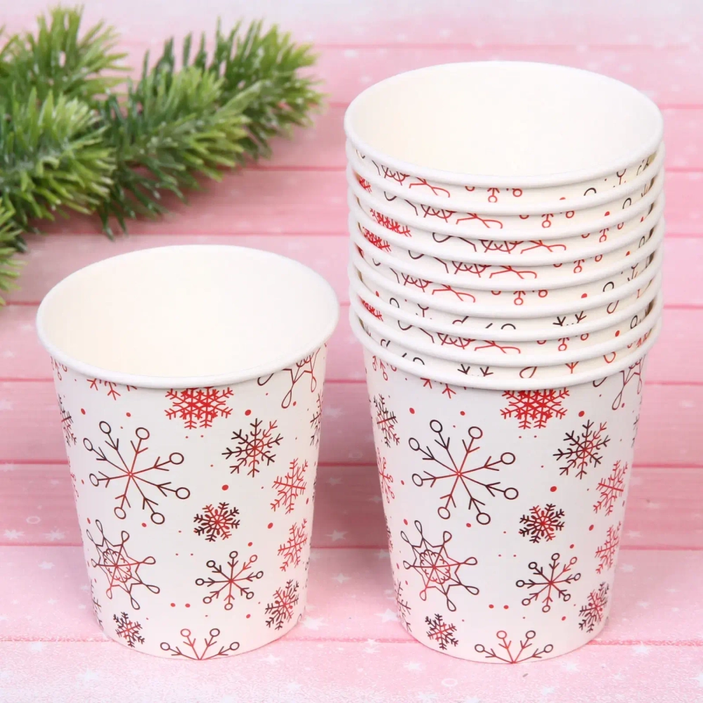 Стакан бумажный 0,2л в наборе 10 шт «Снежные искры», красный