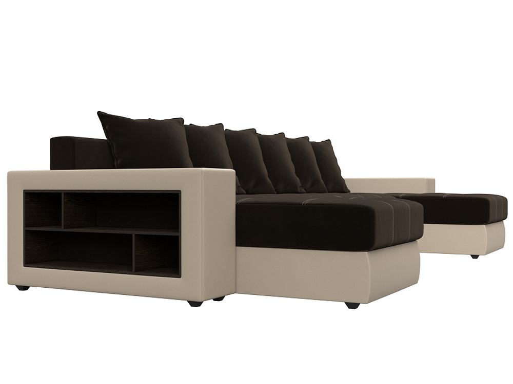 Диван П-образный Дубай полки слева, Коричневый\Бежевый, Микровельвет\Экокожа, 31512