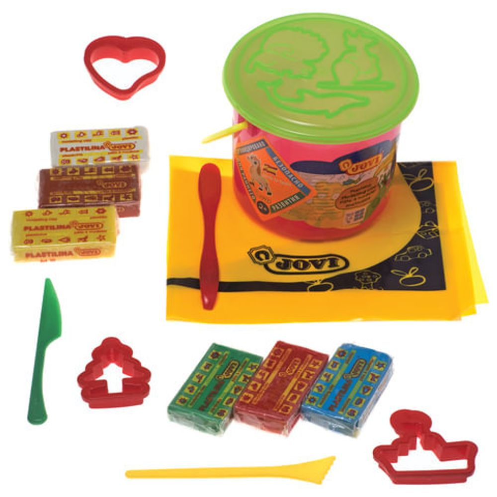 Пластилин JOVI (Испания), набор, 6 цветов, 300 г, 3 формочки, 3 стека, клеенка, пластиковое ведро, 14
