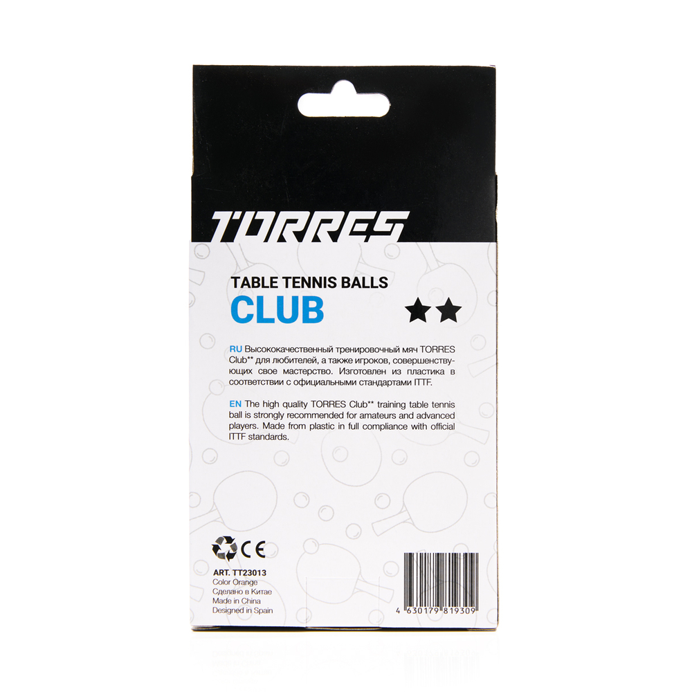 Мяч для наст. тенниса TORRES Club 2*, диам. 40+ мм, упак. 6 шт