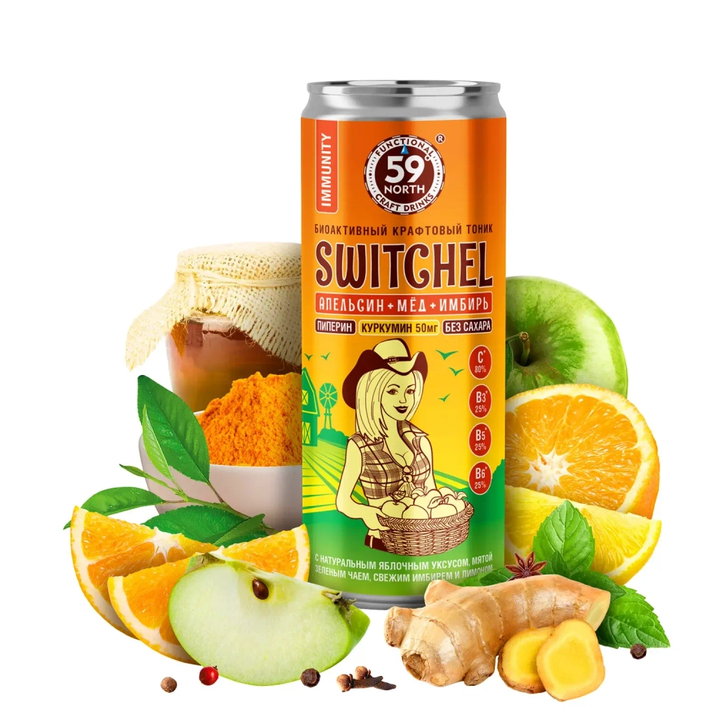 Биоактивный тоник Switchel Апельсин+Мед+Имбирь 59NORTH, 330 мл, банка с фруктами