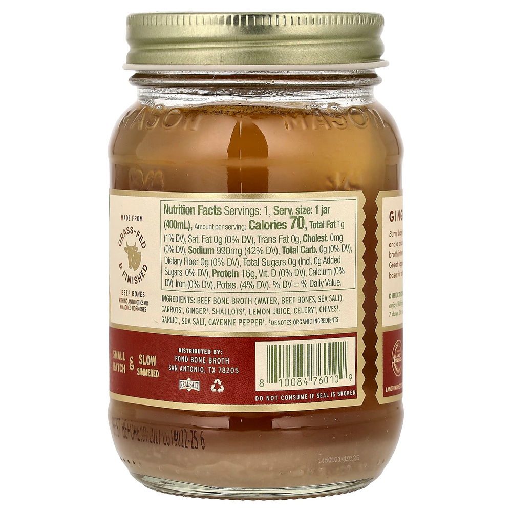 FOND Bone Broth, говяжий костный бульон, имбирь и кайенский перец, 400 мл (14 жидк. унций)