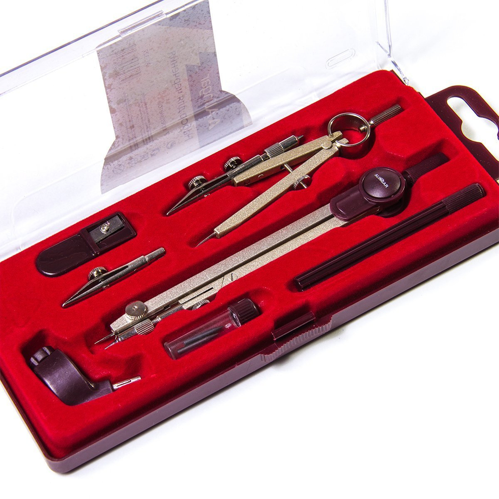 Готовальня Alingar, 7 предметов, метал. циркуль,кронциркуль,точилка,грифель,рейсфедерная вставка,держатель,универсал.держ. пластик. футляр, европодвес