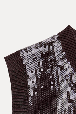 ZARA ТРИКОТАЖНЫЙ ТОП С ПАЙЕТКАМИ БЕЗ РУКАВОВ, ШОКОЛАДНЫЙ