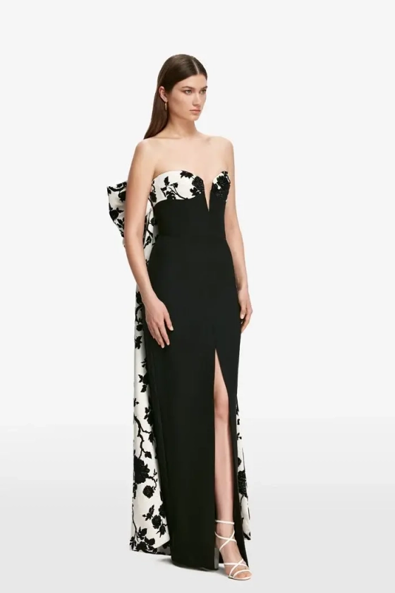 Платье макси из крепа и жаккарда с цветами и с бантом