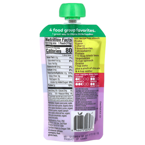 Plum Organics, Mighty 4 Food Group, смесь, груша, вишня, ежевика, клубника, черная фасоль, шпинат и овес, 113 г (4 унции)