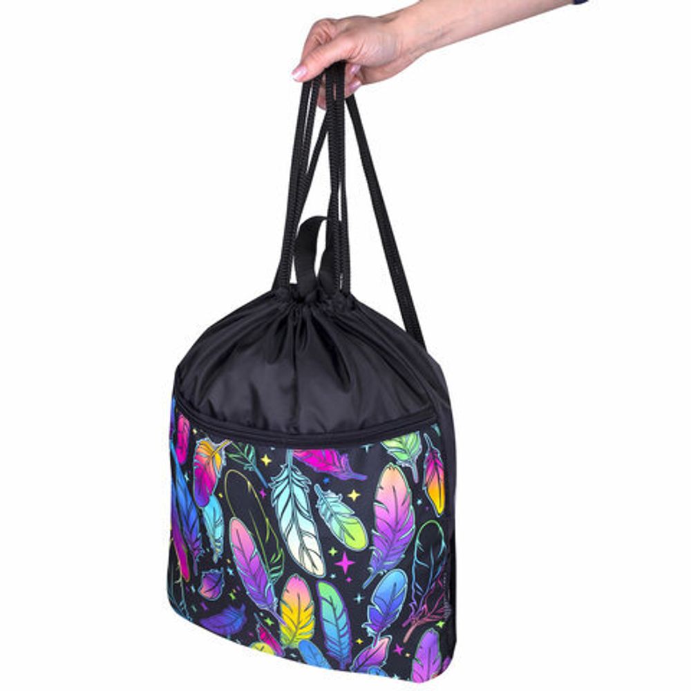 Мешок для обуви BRAUBERG БОЛЬШОЙ, с ручкой, карман на молнии, сетка, 51х41 см, "Feathers", 271057