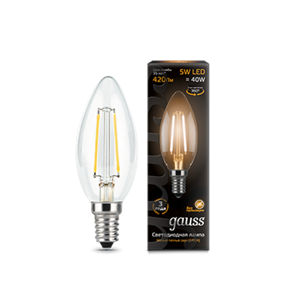 Лампа светодиодная LED 5вт 230в Е14 FILAMENT теплый свеча Gauss