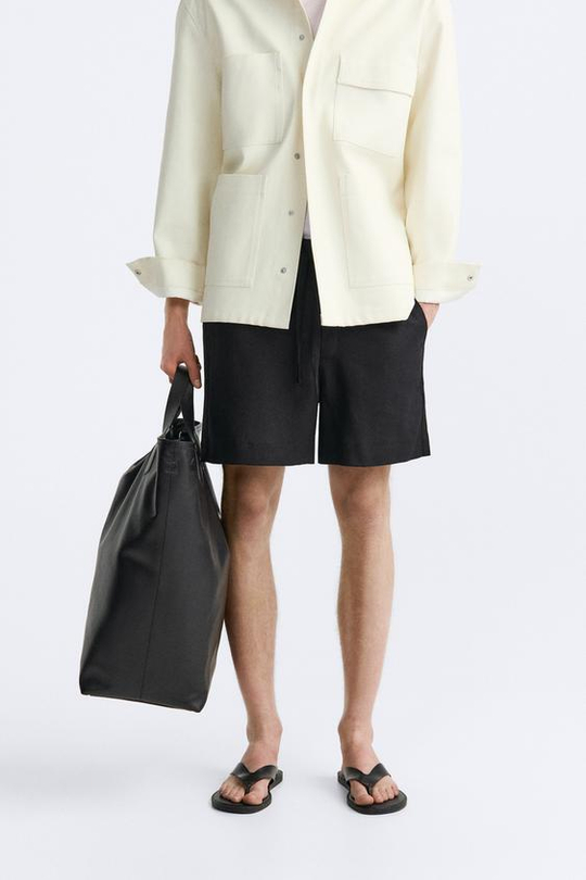 ZARA ШОРТЫ ИЗ 100% ЛЬНА,  ЧЕРНЫЙ