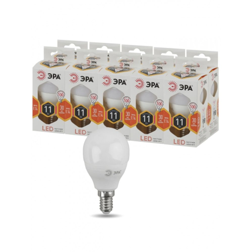 Лампа светодиодная ЭРА STD LED P45-11W-827-E14 11Вт шар теплый белый свет Е14 | Лампы cветодиодные Шар (G/P)