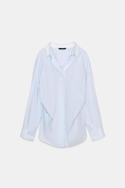 ZARA РУБАШКА ОВЕРСАЙЗ В ПОЛОСКУ С РУКАВОМ ЛЕТУЧАЯ МЫШЬ, СИНИЙ/БЕЛЫЙ