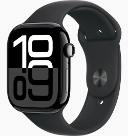 Apple Watch Series 10, 46 мм, алюминий цвета «чёрный глянец», спортивный ремешок чёрного цвета, S/M (MWWP3)